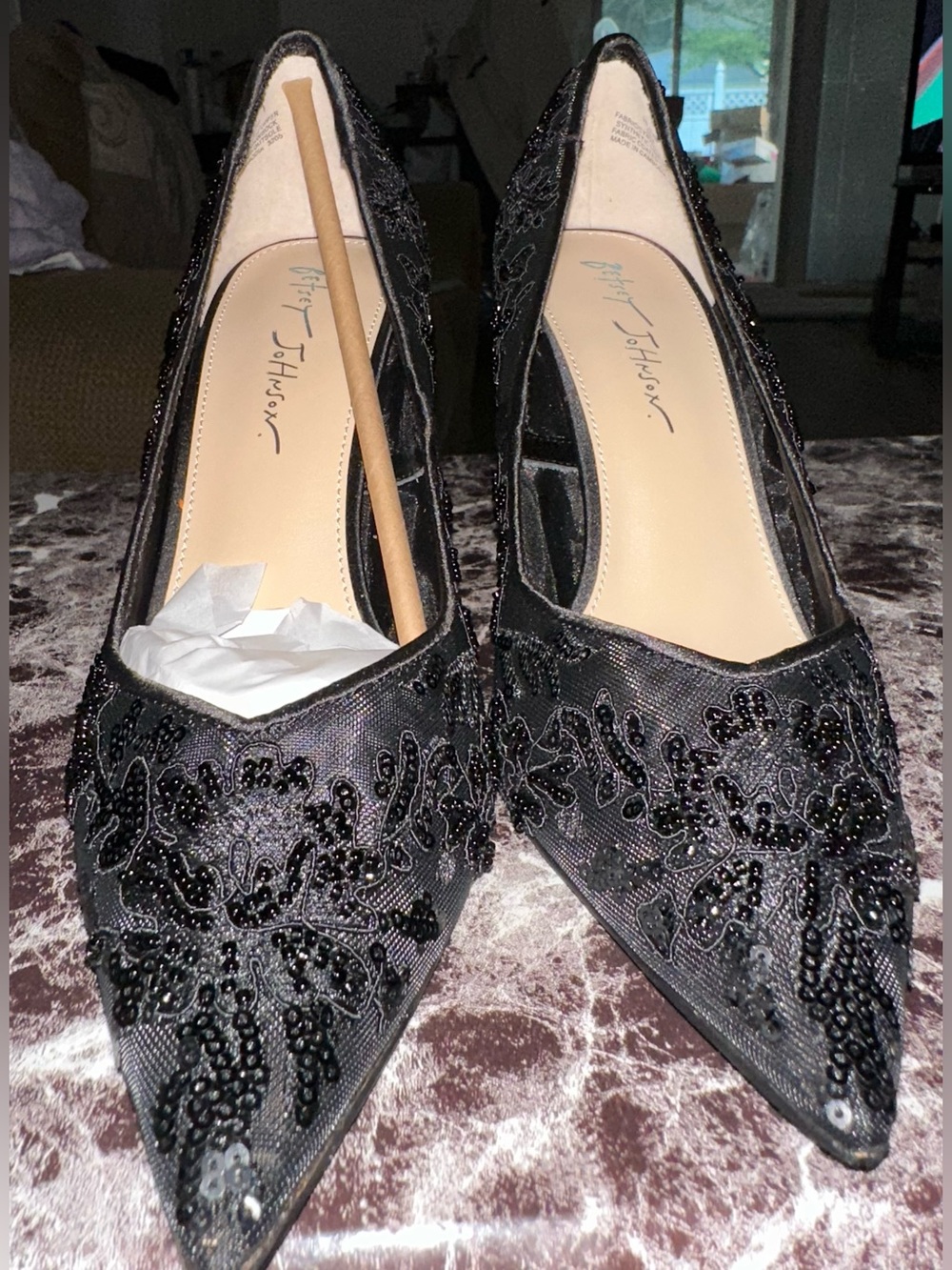 Betsey Johnson Black beaded heel